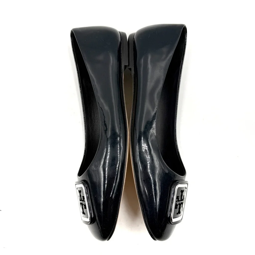 Tory Burch Georgia Ballet Flats Patent Leather Square Toe Logo Black Womens Sz 8